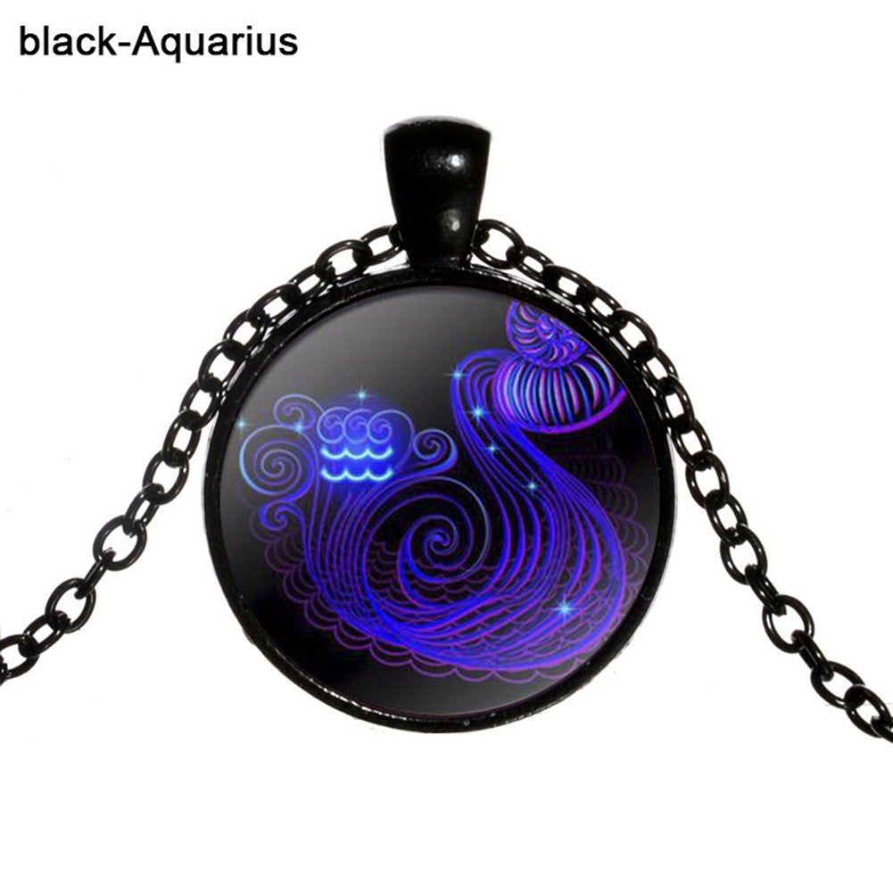 Women Retro Round Twelve Constellations Pendant Sweater Chain Necklace Jewelry