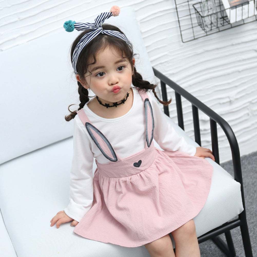 Autumn Spring Baby Kids Toddler Girl Cute Bunny Ears Braces Mini One Piece Dress