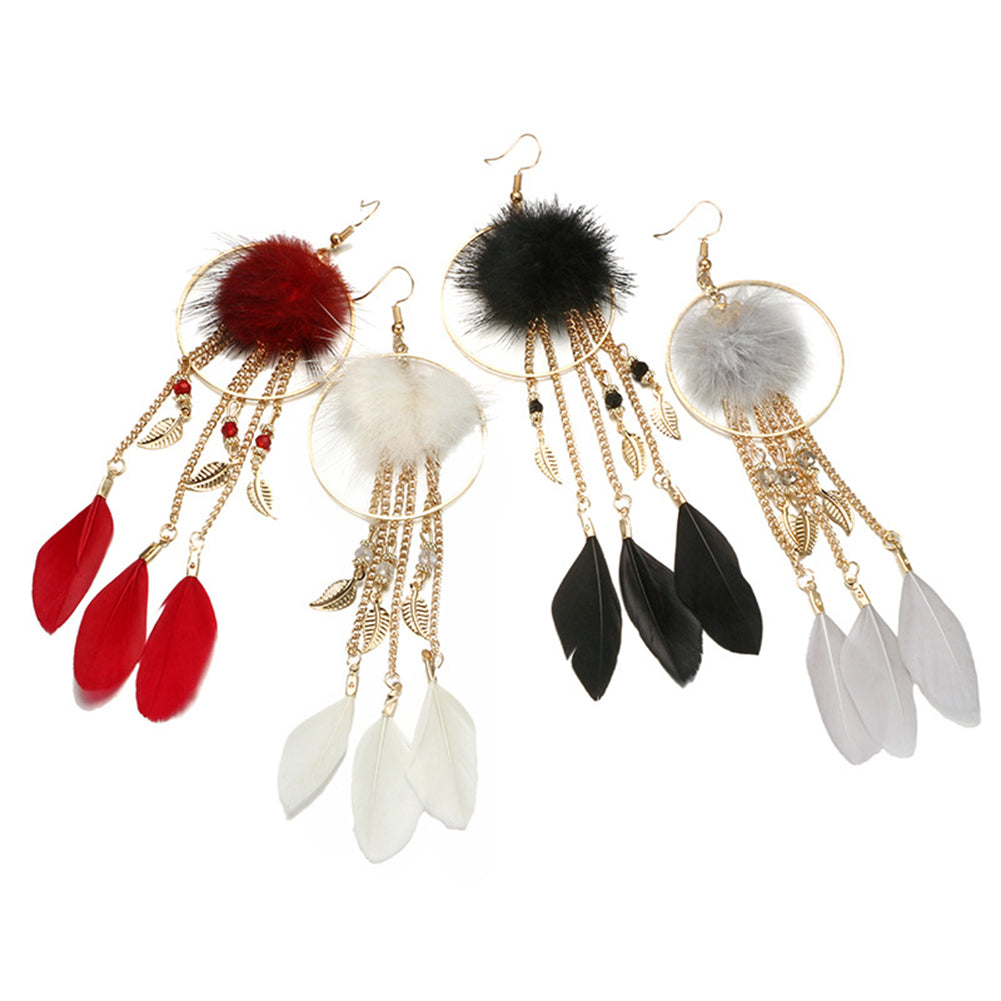 Women Hook Earrings Fur Ball Leaf Fringed Big Ring Long Pendant Feather Jewelry