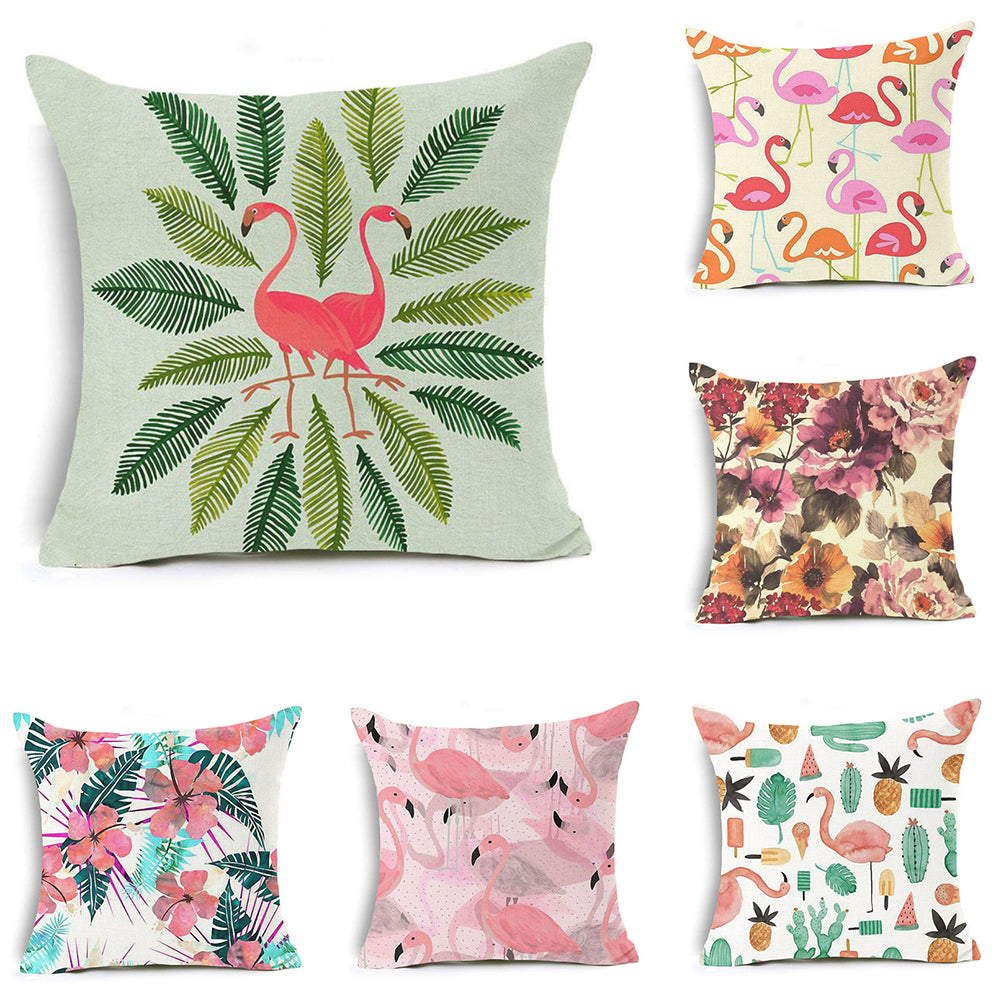 18Inch Linen Flamingo Flowers Sofa Waist Cushion Pillow Case Cover Home Decor