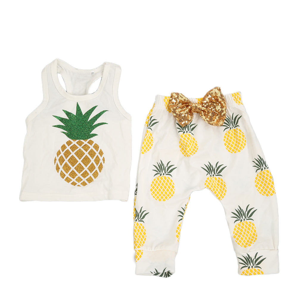 Baby Girl Boy Summer Fashion Pineapple Sequins Bow Vest Pants Outfit Clothes Set