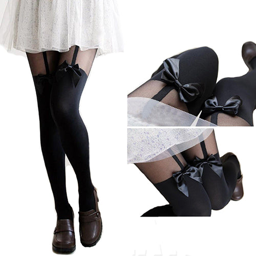 Sexy Women Cute Bowknot Tattoo Tights Stockings False Suspenders Party Pantyhose