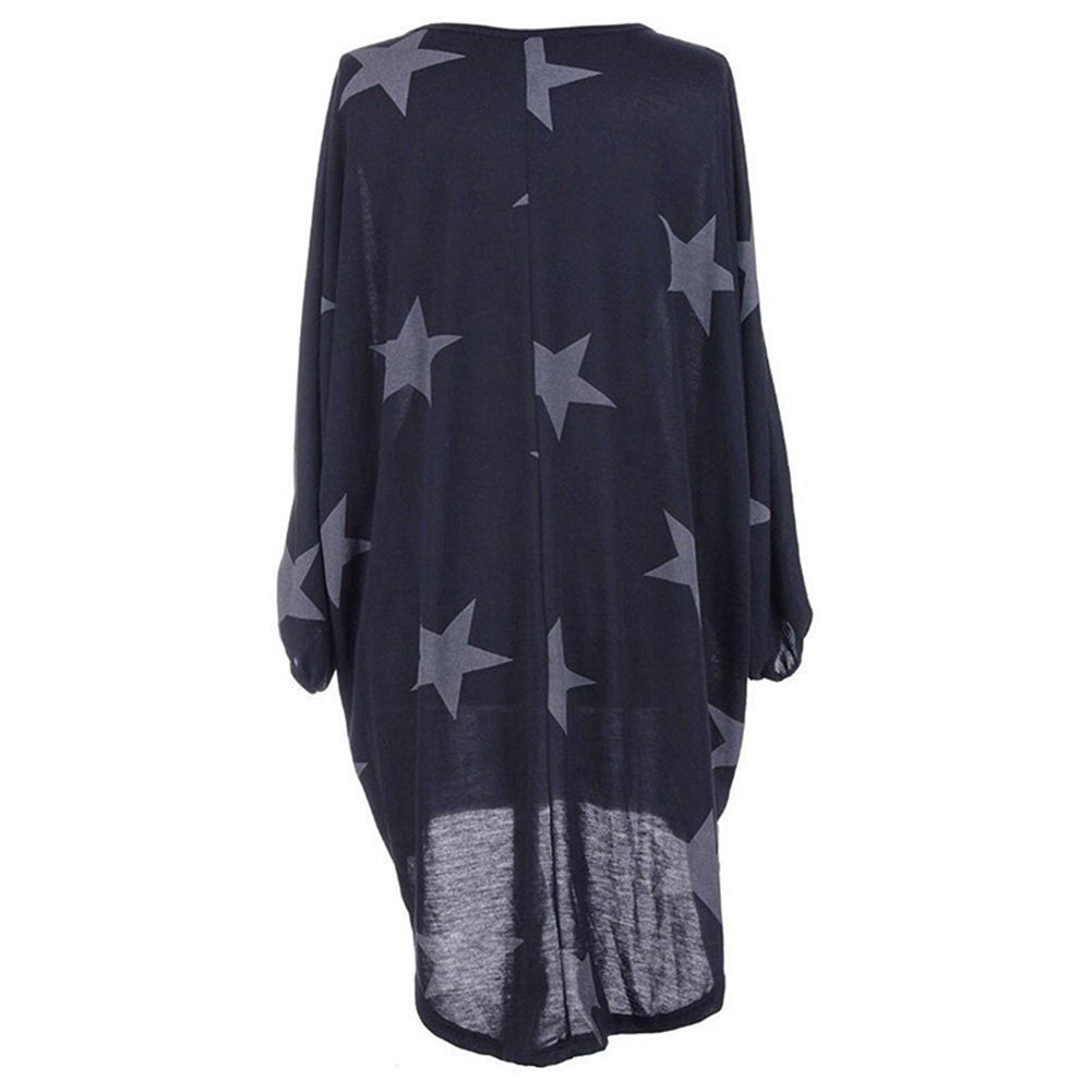 Stars Print Long Sleeve Round Neck Women Spring Loose Long T-shirt Top Dress