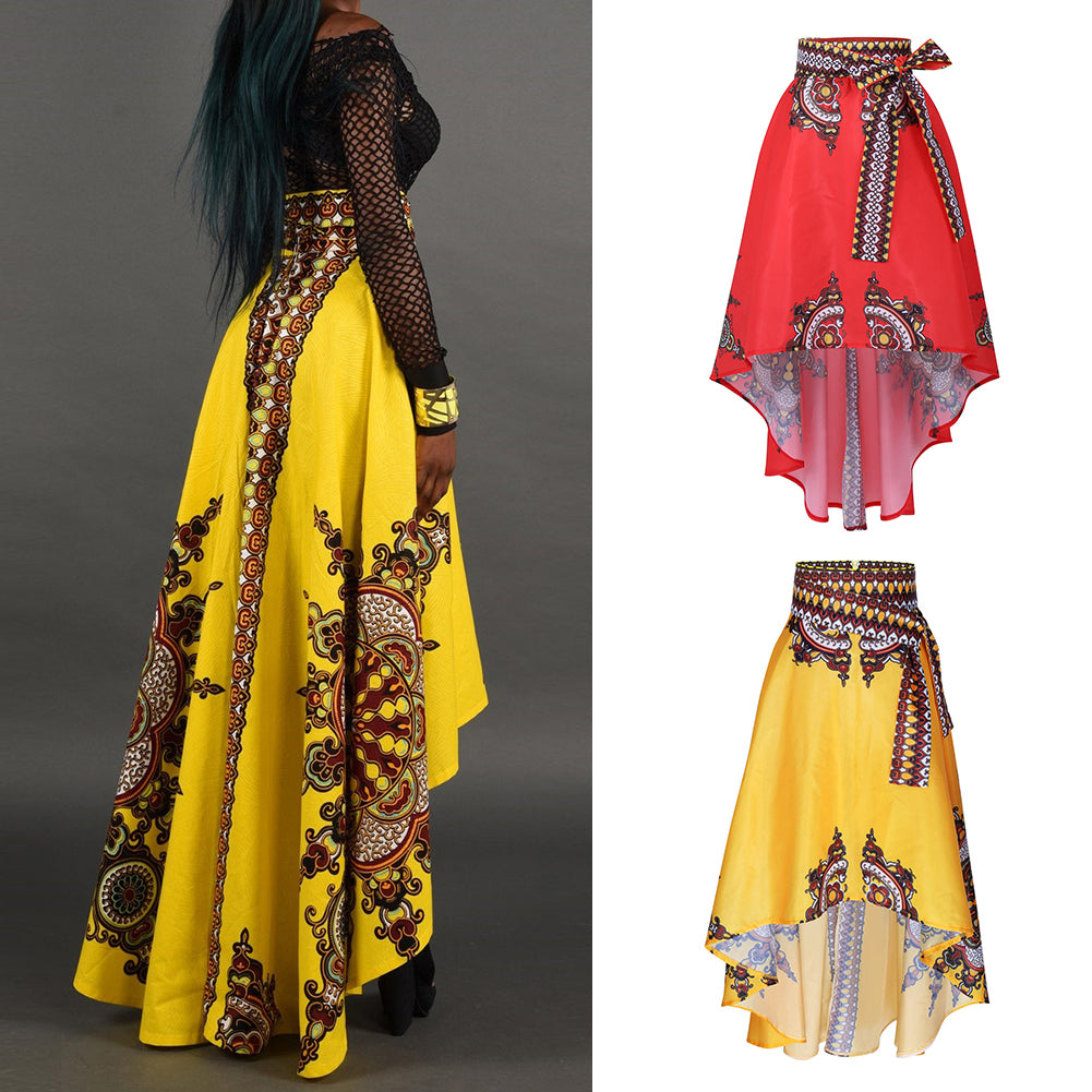 Ethnic Pattern Irregular Women Spring Summer Party Banquet Long Umbrella Skirt