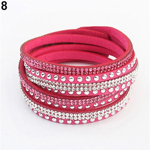 Women's Multilayer Faux Leather Punk Rhinestone Cuff Bracelet Bangle Wristband