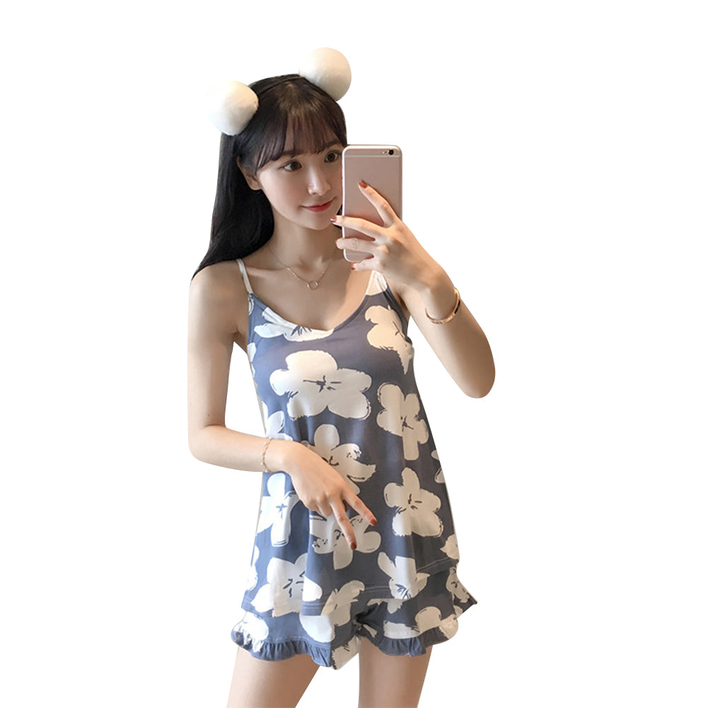 Fashion Lovely Flower Floral Sleeveless Top Shorts Women Sleepwear Pajamas Set