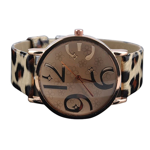 Women's Casual Flowers Big Numbers Dial Faux Leather Strap Quartz Wrist Watch