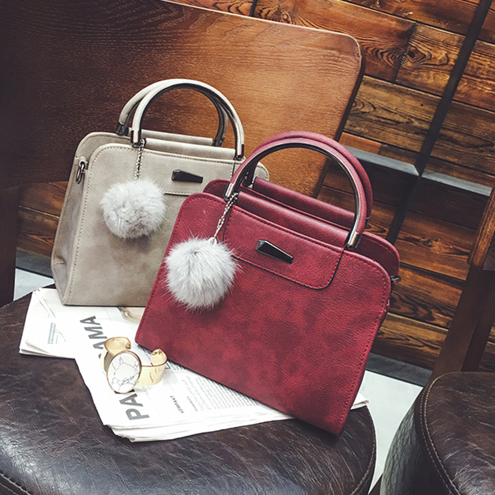 Fashion Women Plush Ball Faux Leather Shoulder Bag Tote Purse Crossbody  Handbag