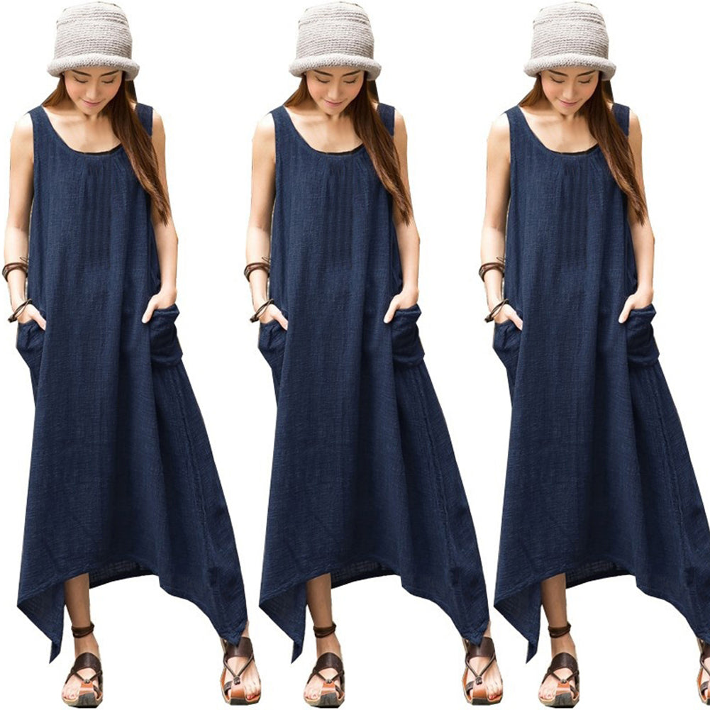 Boho Plus Size Sleeveless Casual Loose Solid Color Irregular Hem Long Maxi Dress