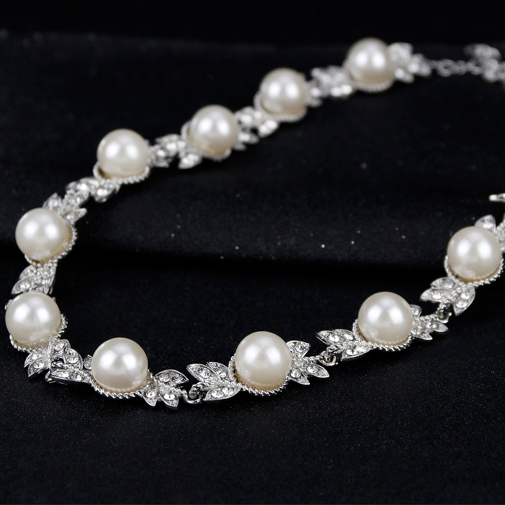 Women Faux Pearl Rhinestone Necklace Stud Earrings Bracelet Jewelry Wedding