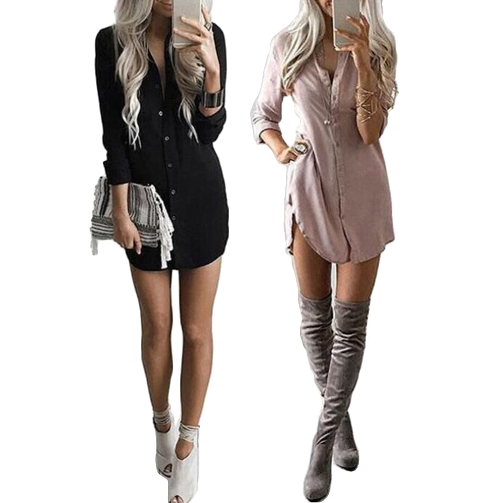 Fashion Lady Long Sleeve Shirt Casual Loose Button Down Blouse Solid Color Top