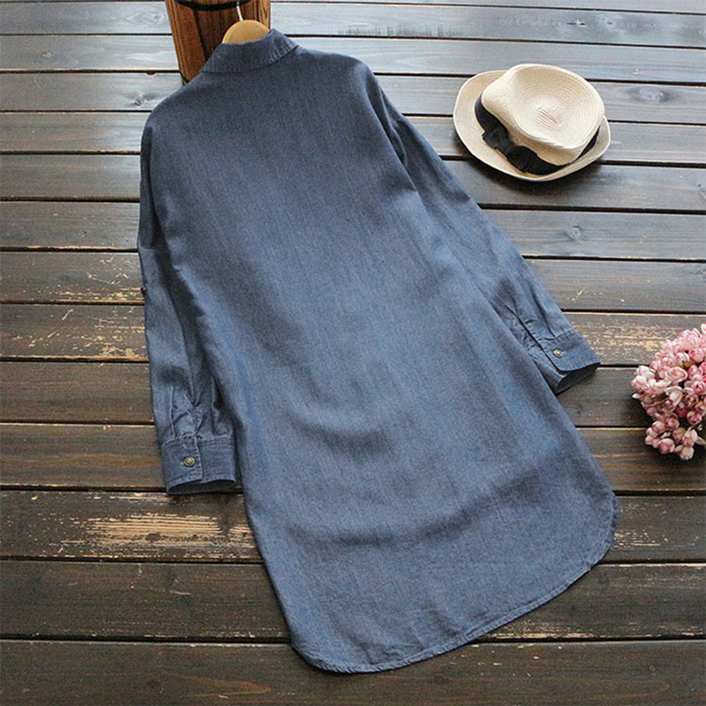 Solid Color Adjustable Long Sleeve Women's Casual Irregular Denim Shirt Top