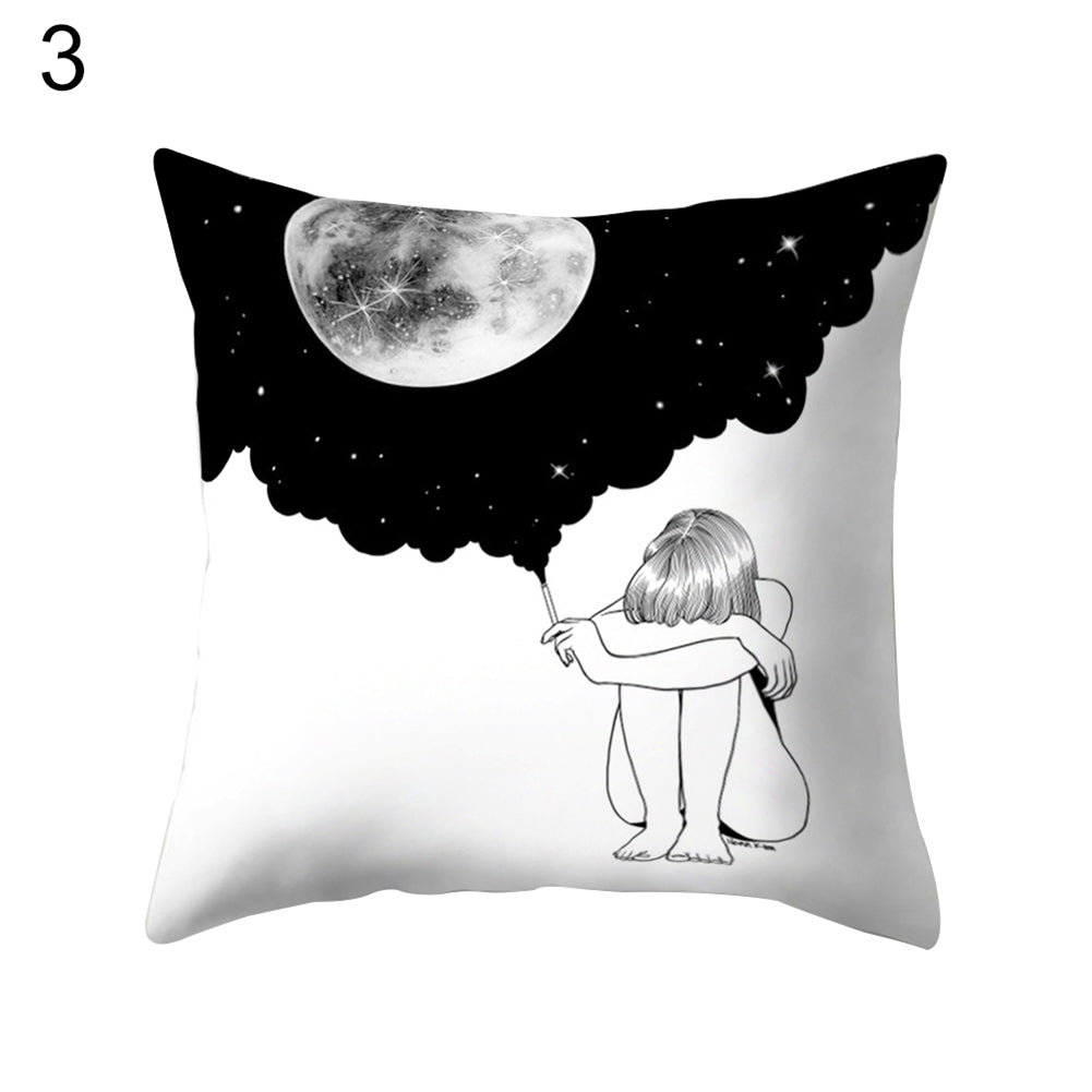 Black and White Cartoon Pattern Sofa Bed Throw Pillow Case Cushion Cover