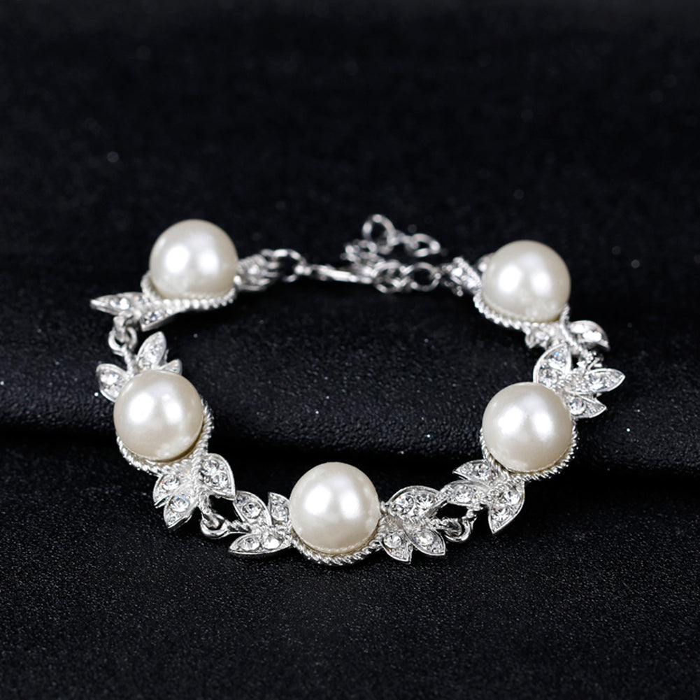 Women Faux Pearl Rhinestone Necklace Stud Earrings Bracelet Jewelry Wedding