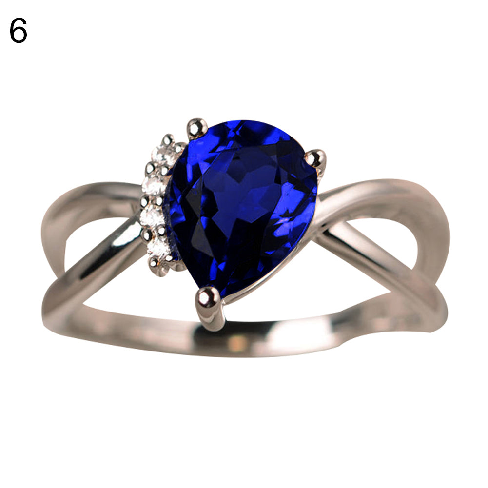 Fashion Women Drop Pear Faux Gem Rhinestone Inlaid Slim Band Party Ring Jewelry