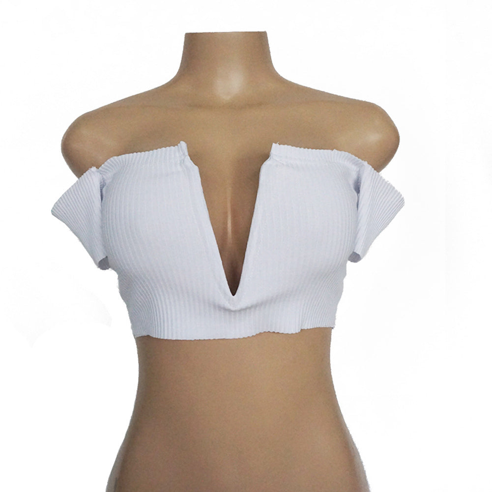 Sexy Off Shoulder Deep V-Neck Solid Color Slim Short Sleeve Club Lady Crop Top