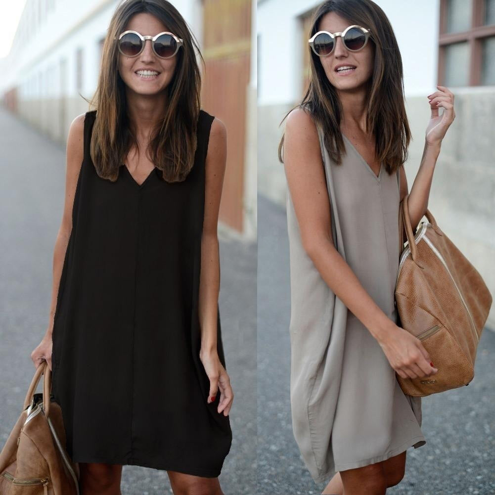 Summer Casual Loose Tank Vest V-Neck Sleeveless Women Solid Color Mini Dress