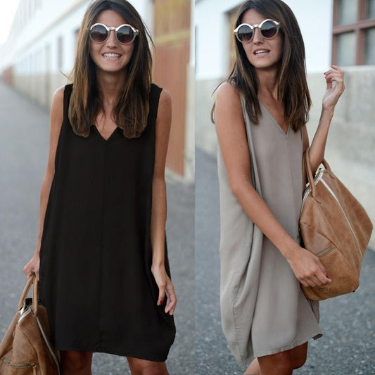 Summer Casual Loose Tank Vest V-Neck Sleeveless Women Solid Color Mini Dress