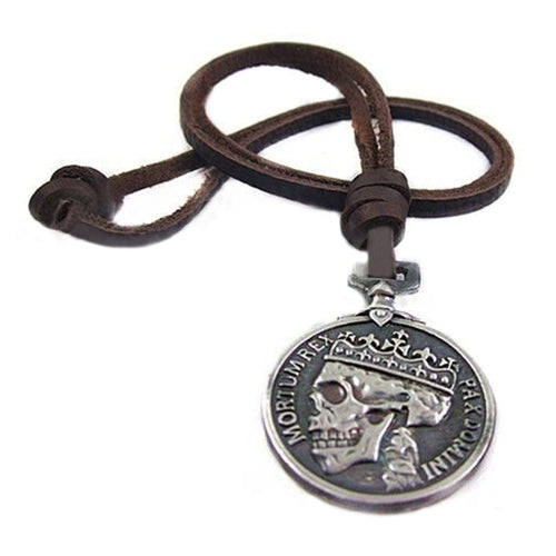 Men's Women's Round Skull Charm Vintage Genuine Leather Necklace Sweater Chain