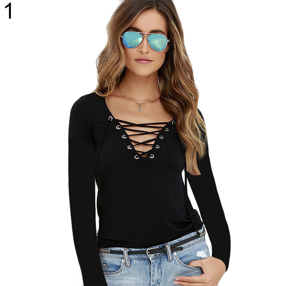 Women Sexy Plain Deep V Neck Cross Eyelet Lace Up Long Sleeve Blouse Top Shirt