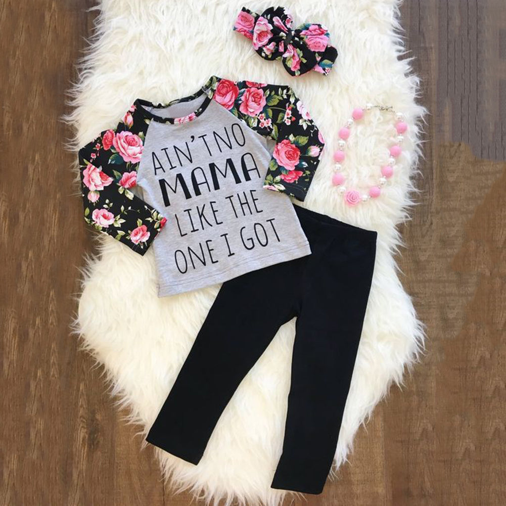 Baby Kids Girls Letters Floral Long Sleeve Autumn Pullover Pants Headband Outfit