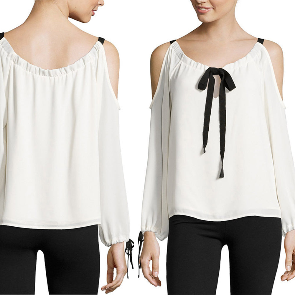 Women Bowknot Bandage Off Shoulder Long Sleeve Sexy Chiffon T-Shirt Top Blouse