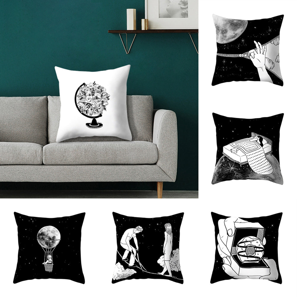 Black and White Cartoon Pattern Sofa Bed Throw Pillow Case Cushion Cover