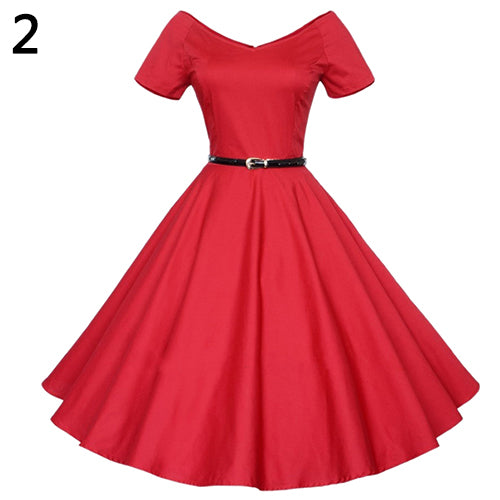 Women's Vintage Wide V-neck Long Swing Dress Short Sleeve Cocktail Party Dress