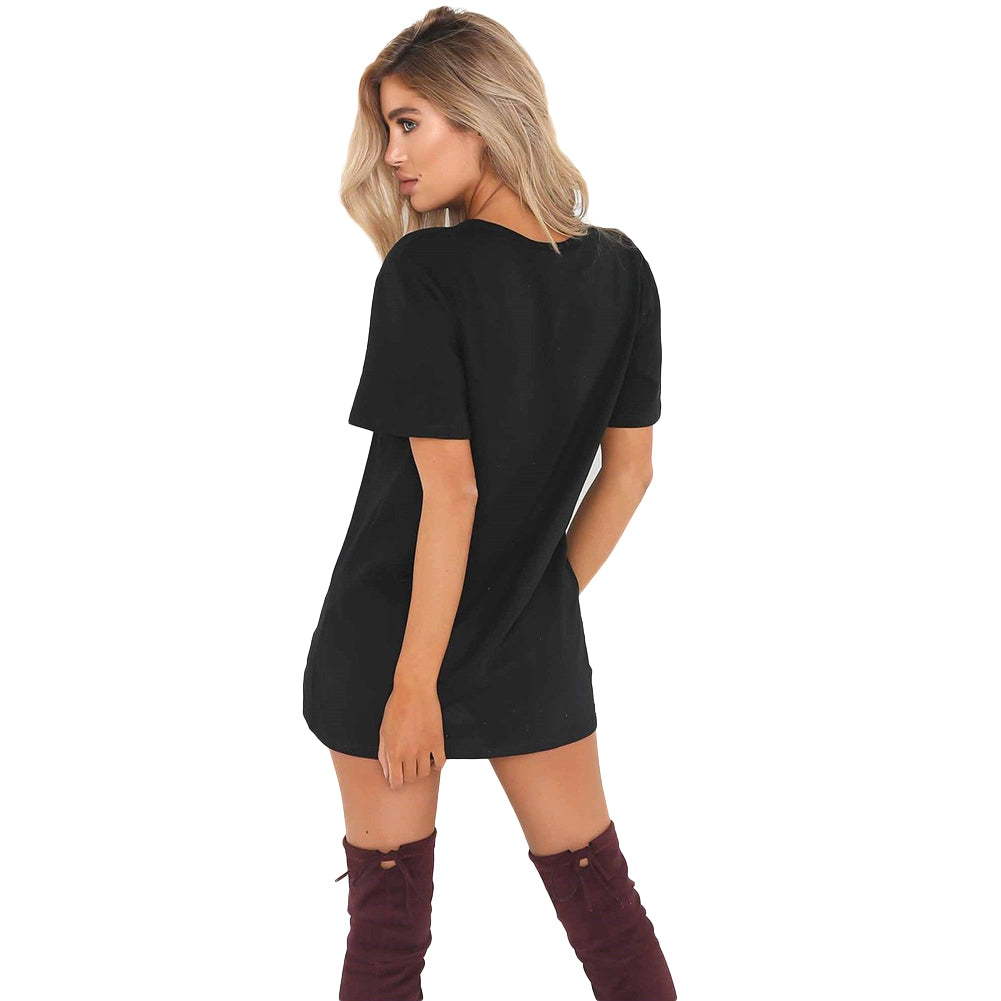 Casual Women Short Sleeve Long T-shirt Tee Dress Solid Color Hollow V-Neck Top