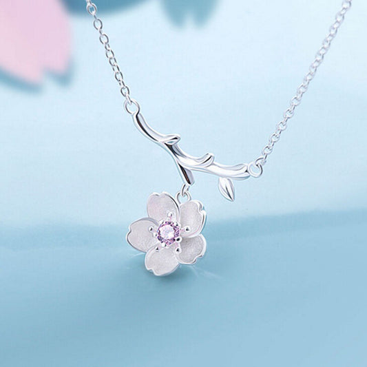 Cherry Blossoms Flower Tree Branches Pendant Necklace Women Elegant Jewelry