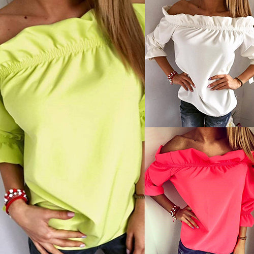 Women's Fashion Sexy Off Shoulder Ruffled Strapless Loose T-Shirt Blouse Top