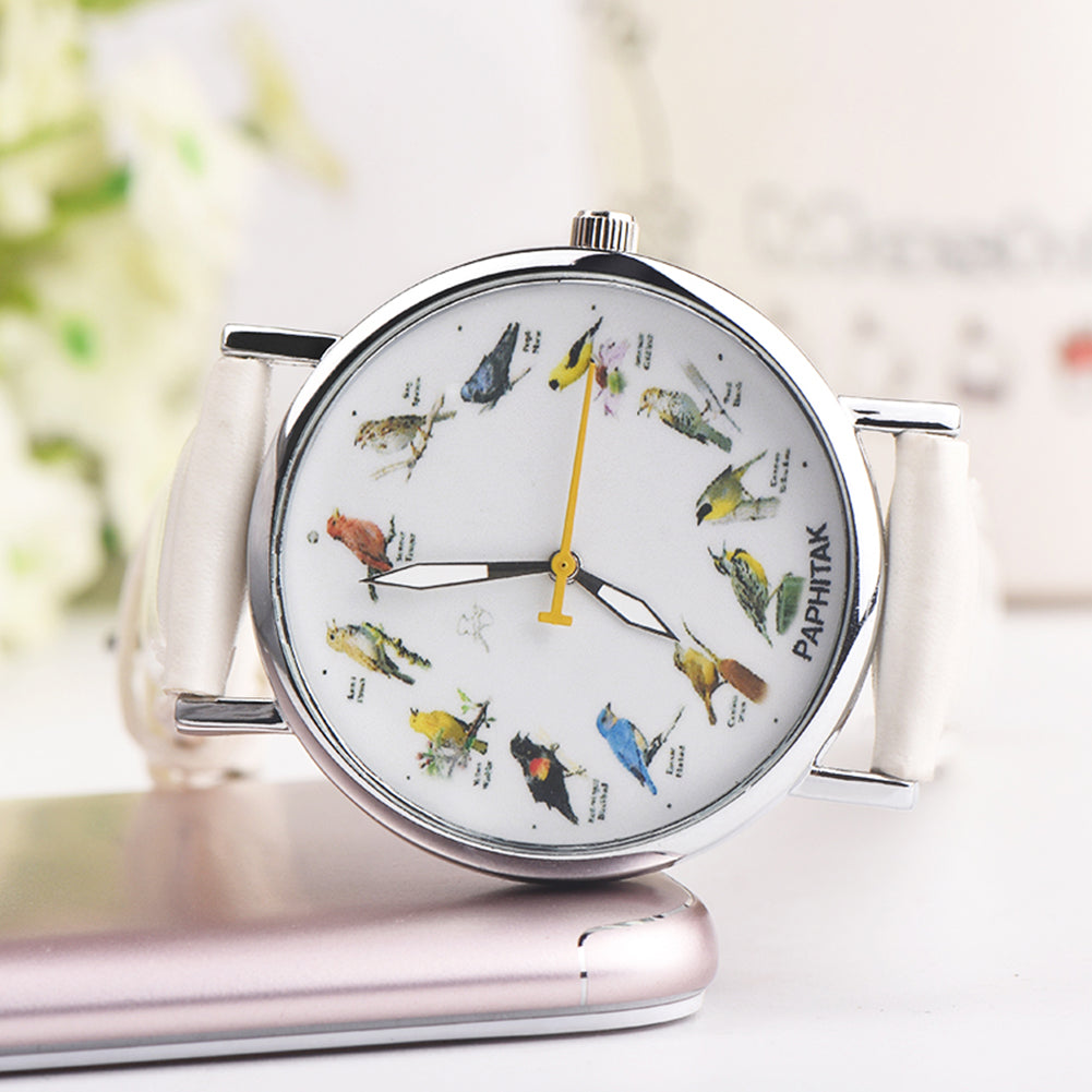 Fashion Birds Animal Round Dial Quartz Analog Women Date Shopping Wrist Watch