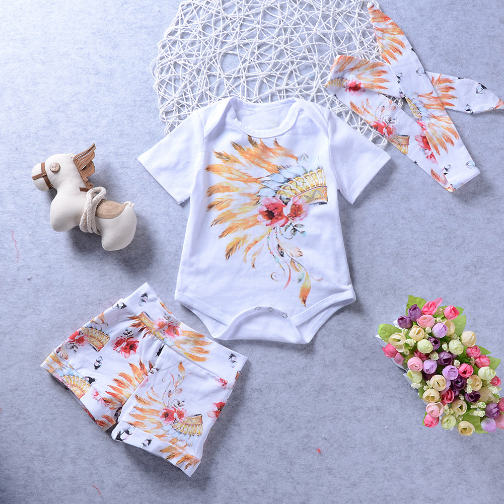Newborn Baby Girls Boys Flower Short Sleeve Top Romper Pants Headband Outfits