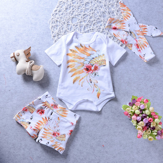 Newborn Baby Girls Boys Flower Short Sleeve Top Romper Pants Headband Outfits