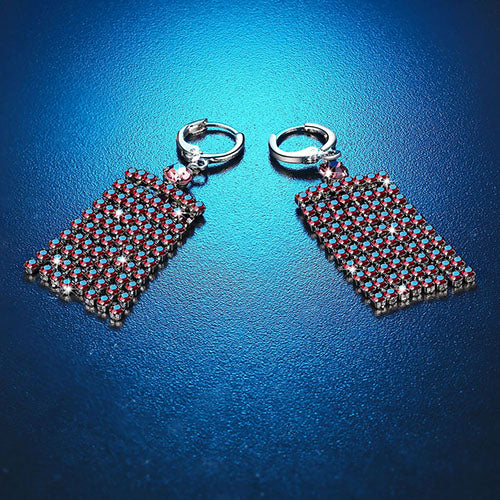 Silver Plated Long Rhinestone Tassels Rectangle Mesh Dangle Women Retro Earrings