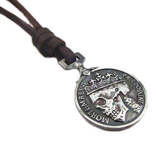 Men's Women's Round Skull Charm Vintage Genuine Leather Necklace Sweater Chain