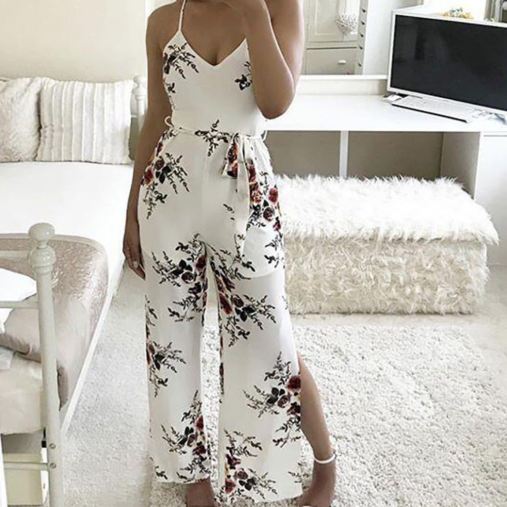 Women Sexy Long Pants Sleeveless Spaghetti Strap Jumpsuit Romper With Belt