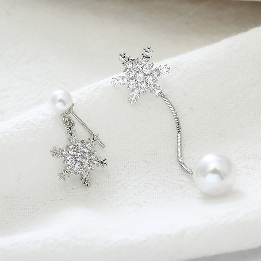 Asymmetric Snowflake Earrings Women Fashion Long Tassel Faux Pearl Eardrop Gift