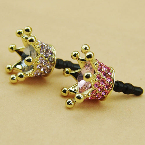 Fashion Sparkling Rhinestone Cellphone Phones 3.5mm Crown Design Anti-dust Plug