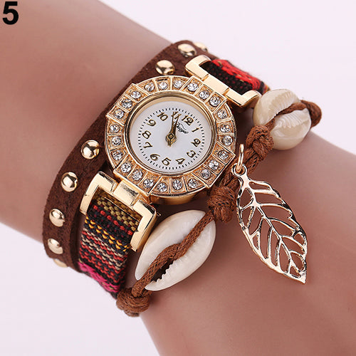 Women's Inlaid Rhinestone Leaf Shell Rivet Faux Leather Braided Band Wrist Watch