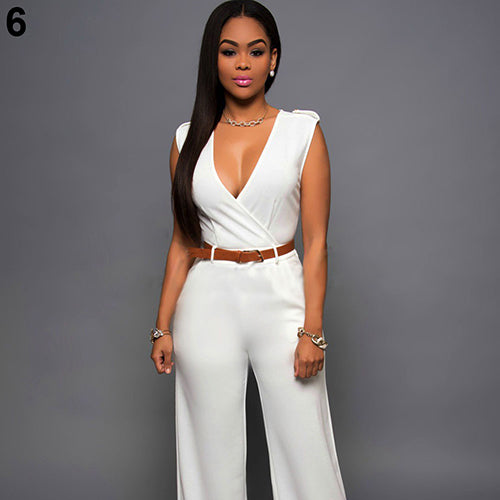 Women's Fashion Casual Deep V-Neck Sleeveless Wide Leg Jumpsuit Romper with Belt