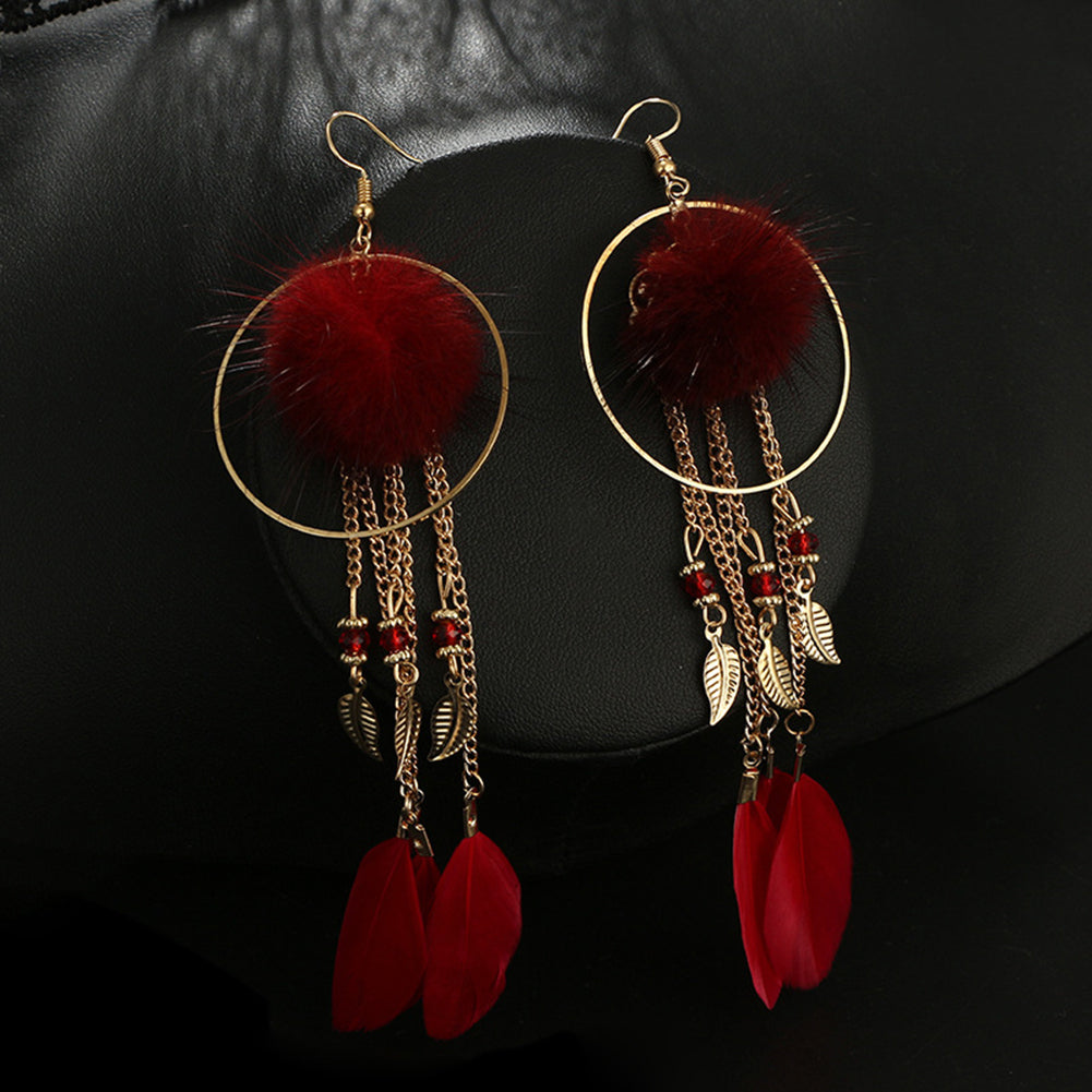 Women Hook Earrings Fur Ball Leaf Fringed Big Ring Long Pendant Feather Jewelry