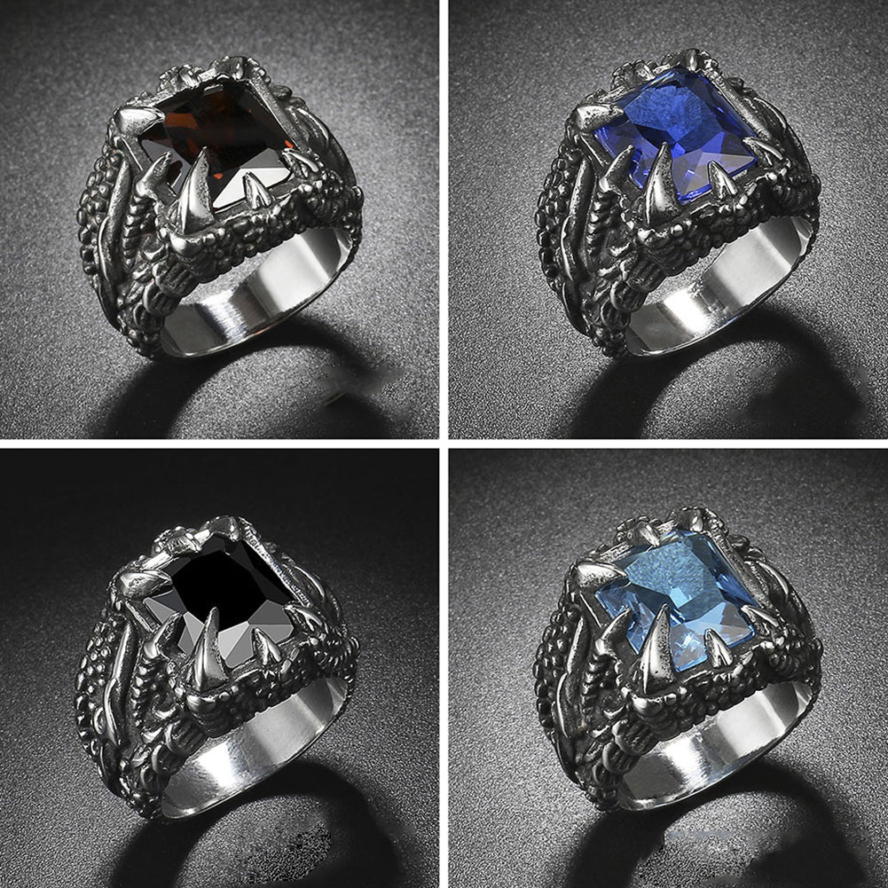 Cool Stainless Steel Ring Claw Square Rhinestone Men's Halloween Gothic Ring