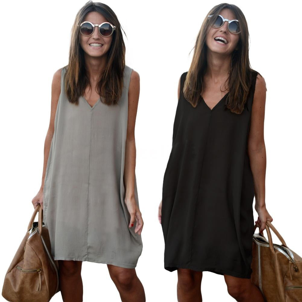Summer Casual Loose Tank Vest V-Neck Sleeveless Women Solid Color Mini Dress