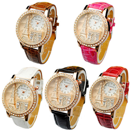 Fashion Women Lady Eiffel Tower Dial Faux Leather Band Quartz Wrist Watch
