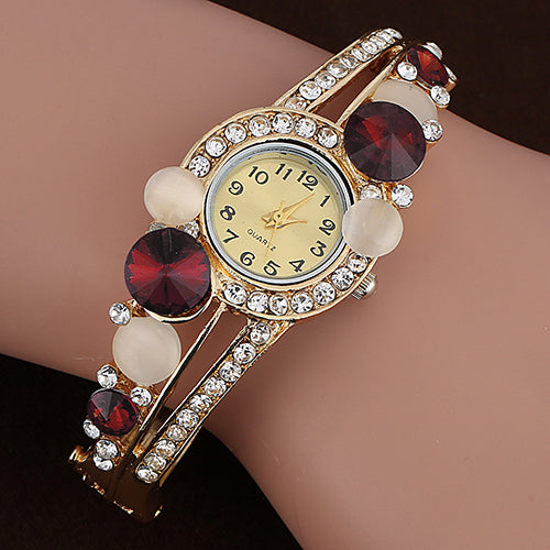 Women Retro Hollow Faux Opal Rhinestone Inlaid Cuff Bangle Wrist Watch