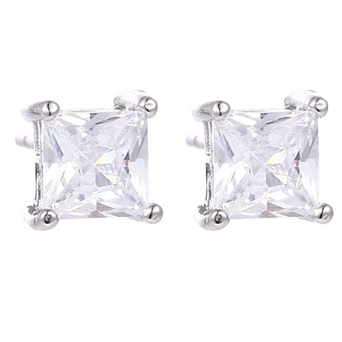 Fashion Women 925 Sterling Silver Clear Square Cubic Zirconia Ear Studs Earrings