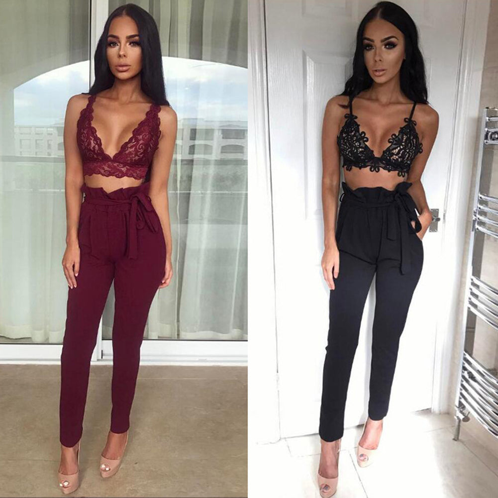 Women Casual Solid Color Trousers Waist Belt Ruffled Waist Long Pencil Pants