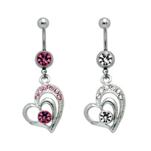 14G Surgical Steel Love Heart Hollow Dangle Cubic Zirconia Belly Button Ring