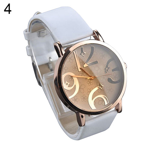 Women's Casual Flowers Big Numbers Dial Faux Leather Strap Quartz Wrist Watch